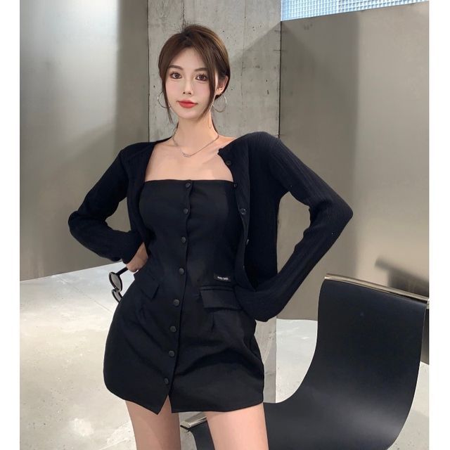Ghic Plain Cardigan Strapless Button-Up Mini Sheath Dress