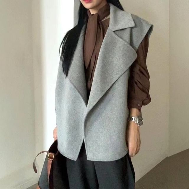 ISSOL-Lapel Collar Plain Open Front Vest