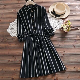 Clover Dream - Long-Sleeve Frill Collar Striped A-Line Dress | YesStyle