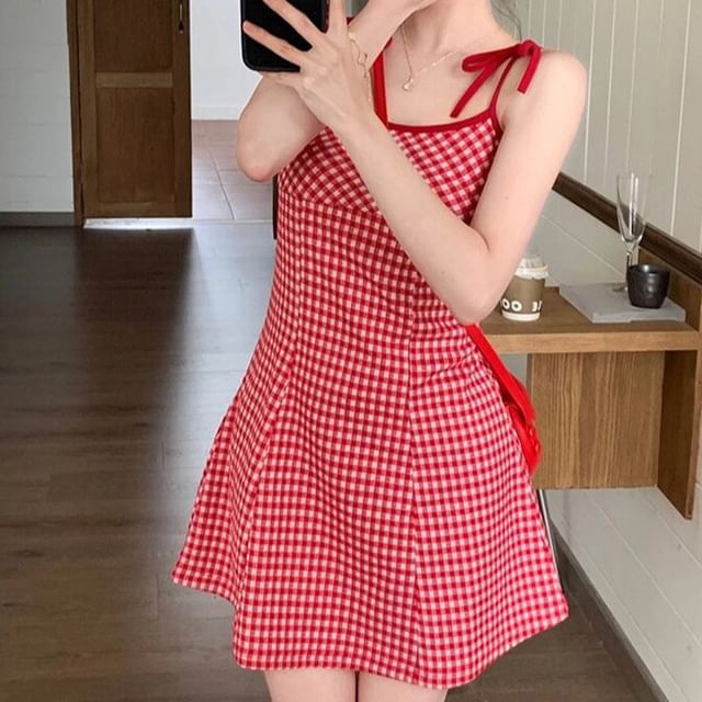 Slim Fit Plaid Dress Fall Women's Elegant Plaid Bowknot Dress, Sleeveless Round Neck Short Slim Fit Plaid Dress Fall Women's Elegant Plaid Bowknot Dress, Sleeveless Round Neck Short