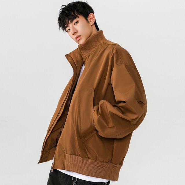 FOEV-Mock Neck Plain Zip-Up Jacket