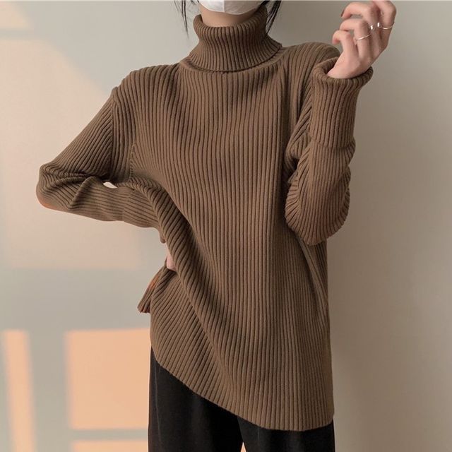 PINPI-Turtleneck Plain Ribbed Sweater