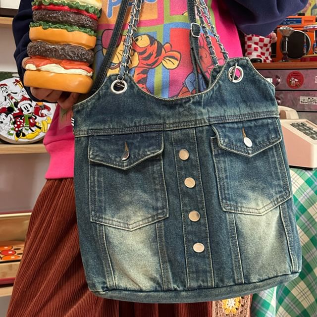 Basaran-Chain Strap Washed Denim Tote Bag
