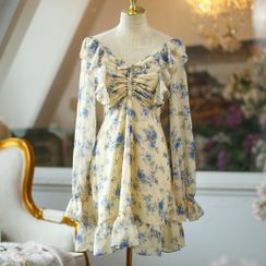 Shima - Puff-Sleeve Floral Print A-Line Dress