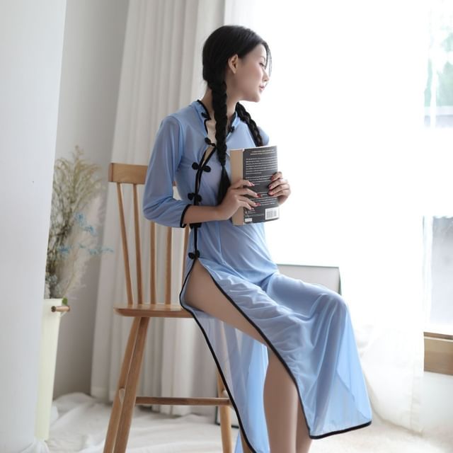Candyiry-Set Long-Sleeve Stand Collar Contrast Trim Frog Buttoned Slit Maxi Nightdress G-String