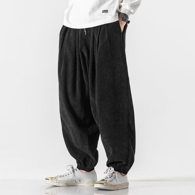 YIKES-Drawstring Waist Plain Corduroy Harem Pants