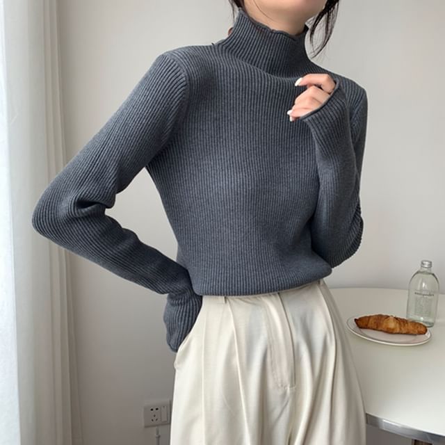 Magimomo-Long-Sleeve Mock Neck Plain Knit Top