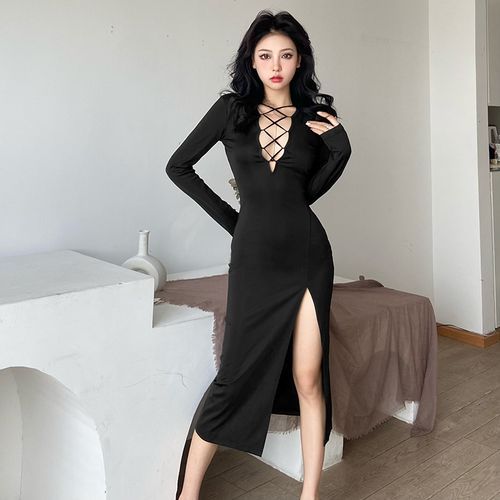 Deep plunge long hot sale sleeve dress