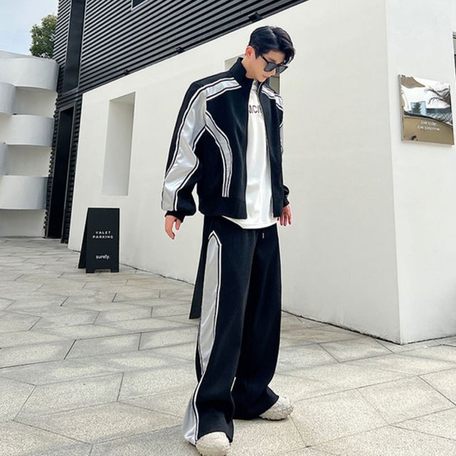 Patow-Set Stand Collar Color Block Zip Jacket Drawstring Waist Wide Leg Sweatpants