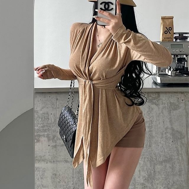 RainGirl-Plain Tie Waist Asymmetrical Light Jacket
