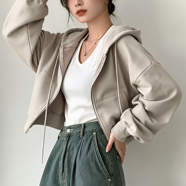 Coris-Plain Crop Zip-Up Hoodie