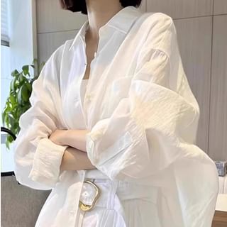 HYAKU-Long Sleeve Collared Plain Oversized Shirt