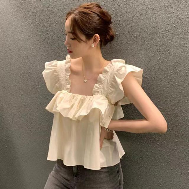 ISSOL-Cap-Sleeve Square Neck Plain Ruffle Trim Flowy Cropped Blouse