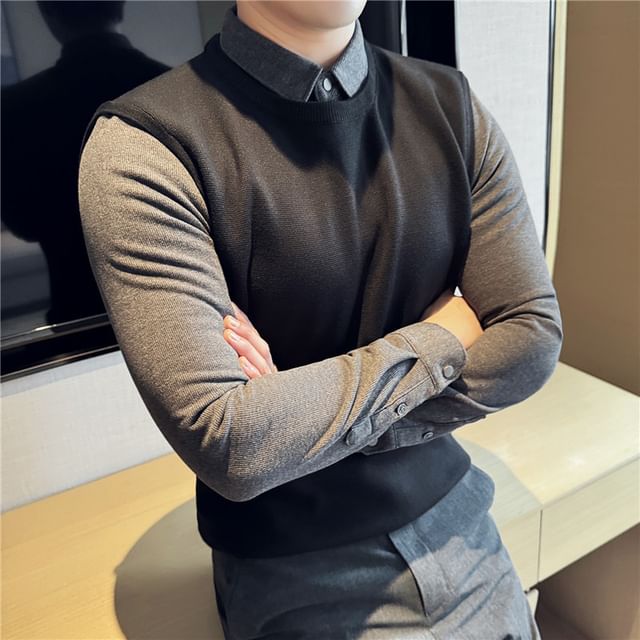 Lefitt-Collar Two Tone Mock Two-Piece Sweater