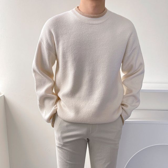 Omozando-Long-Sleeve Contrast Trim Knit Sweater