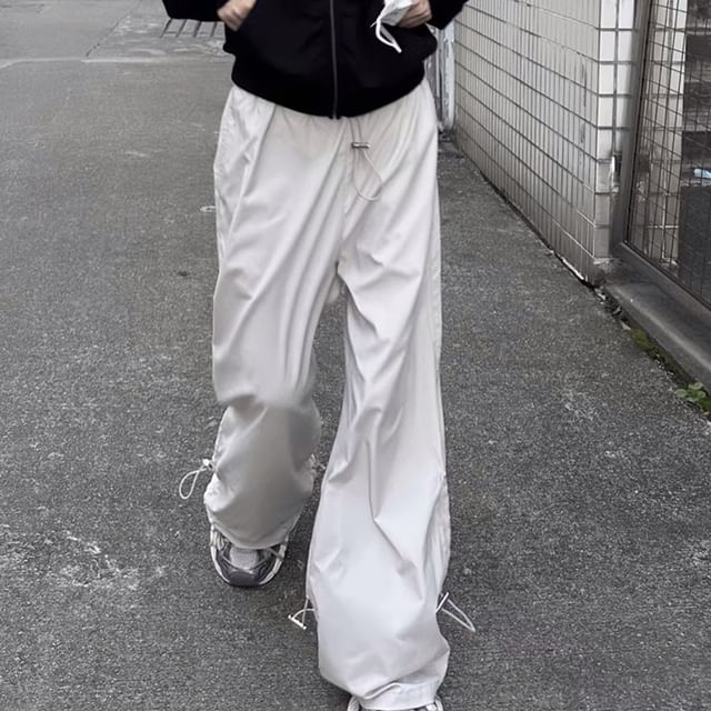 DragonRoad-Drawstring Waist Plain Wide Leg Cargo Pants