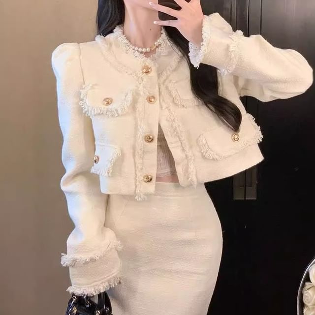 Cloud Nine-Set Round Neck Plain Fringed Crop Button Jacket High Rise Midi Pencil Skirt