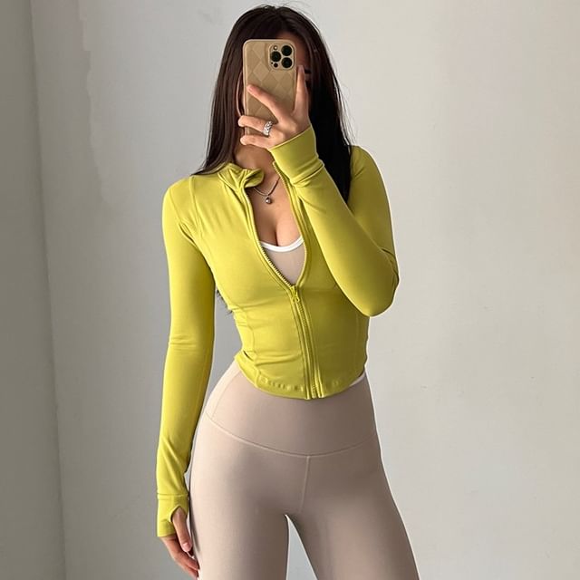 Arigne-High Neck Zip-Up Plain Sports Jacket