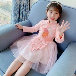 Qin Qin - 小童孔雀刺绣长袖A字中身连衣裙 Qin Qin - 小童孔雀刺绣长袖A字中身连衣裙