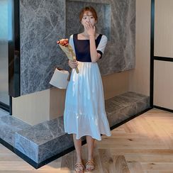 Renesmee - Color Block Short-Sleeve Midi A-Line Dress