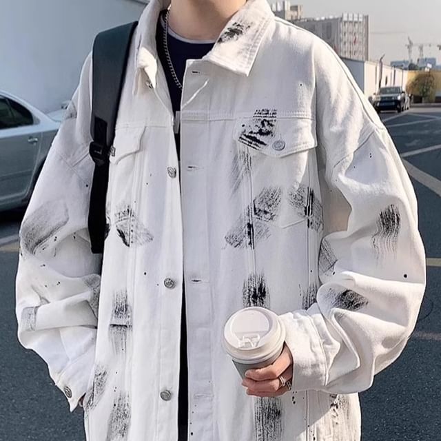emeisa-Collar Paint Button Down Denim Trucker Jacket
