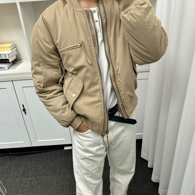 DragonRoad-Plain Zip-Up Bomber Jacket
