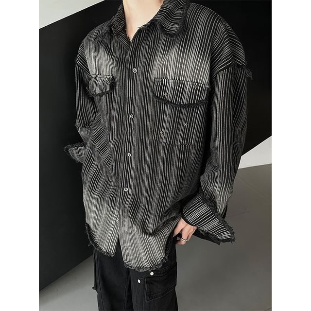Savenne-Collar Pinstriped Frayed Button Shacket