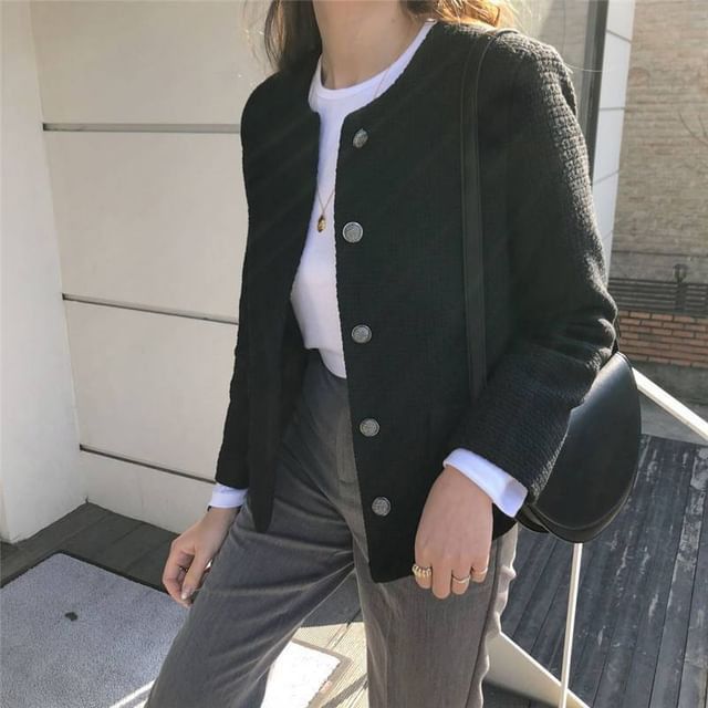 Lewwe-Round Neck Plain Button Jacket