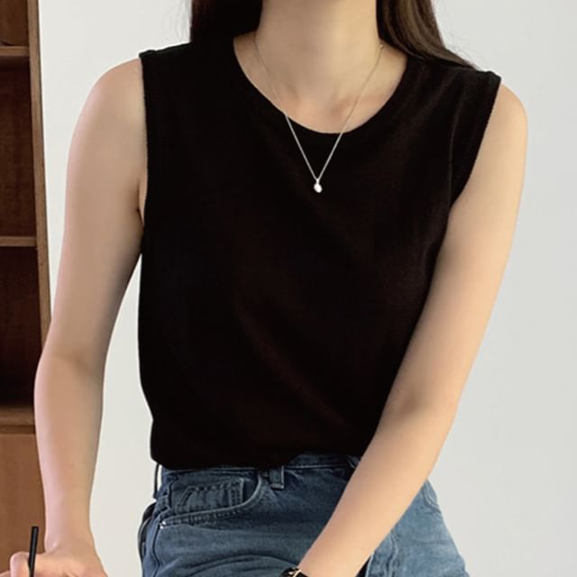 Amyway-Crew Neck Plain Knit Tank Top