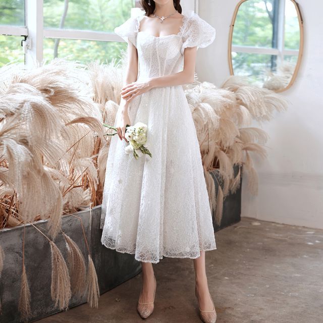 Long-Sleeve Off-Shoulder Plain Lace Panel A-Line Wedding Gown