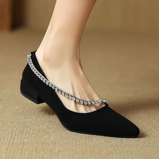 Freesia-Pointed Toe Rhinestone Chain Faux Suede Pumps