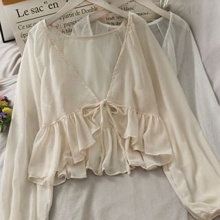 Lemongrass Tie-Waist Balloon-Sleeve Chiffon Cardigan Sale