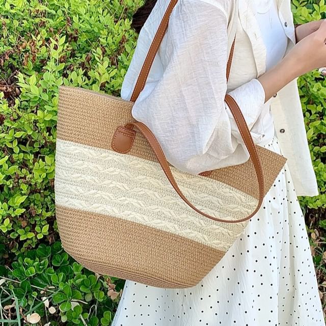 KOCORE-Two Tone Straw Tote Bag