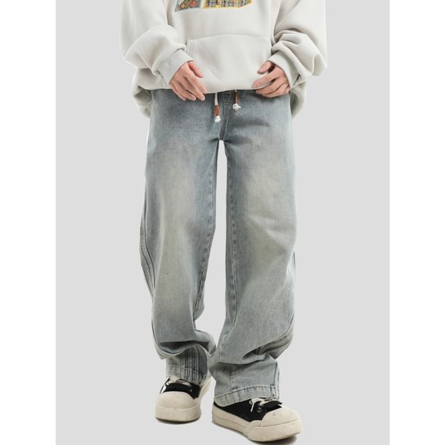 Banash-Drawstring Waist Washed Straight Leg Jeans
