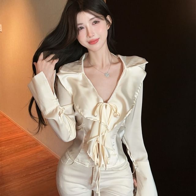 Whoosh-Long-Sleeve Ruffle Plain Crop Top
