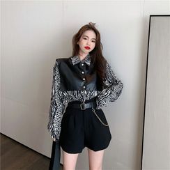 Breefriend - Printed Leopard Long-Sleeve Shirt / Leather Cape / High Waist A-Line Shorts With Belt Breefriend - Printed Leopard Long-Sleeve Shirt / Leather Cape / High Waist A-Line Shorts With Belt
