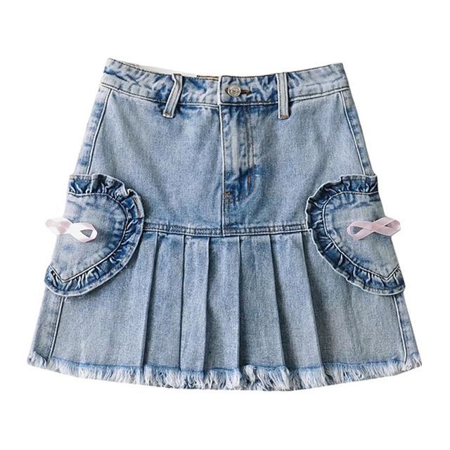 LexiLotte - Heart Patch Washed Denim Mini A-Line Skirt