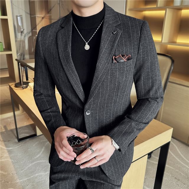 Blueforce-Notch Lapel Striped Single-Button Blazer Mid Rise Tapered Dress Pants Set