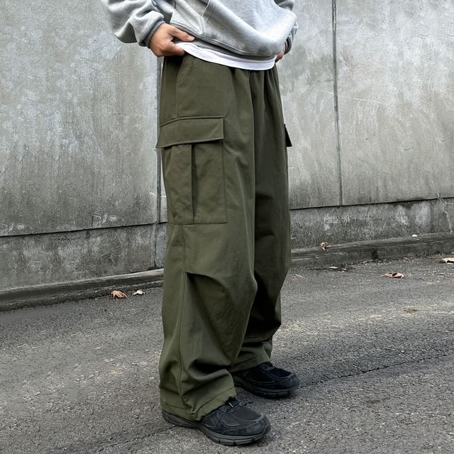 Omozando-Drawstring Waist Plain Straight Leg Cargo Pants