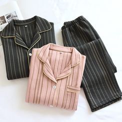 MelMount - Couple Matching Pajama Set: Striped Shirt + Lounge Pants
