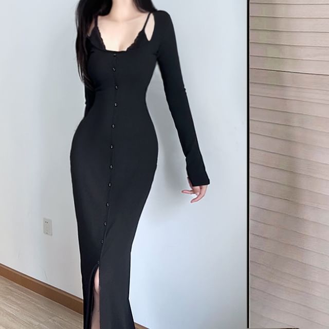 Allinya-Long Sleeve Scoop Neck Plain Button Down Maxi Bodycon Dress