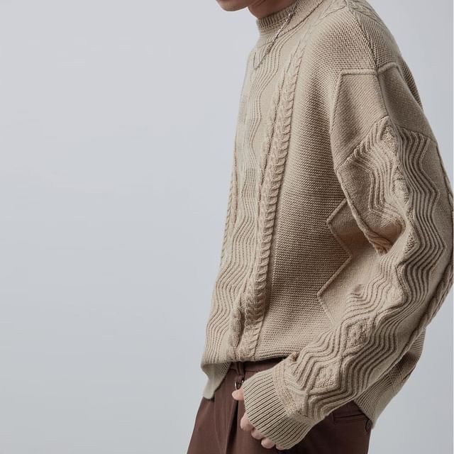 Phoneus-Crewneck Cable Knit Plain Sweater