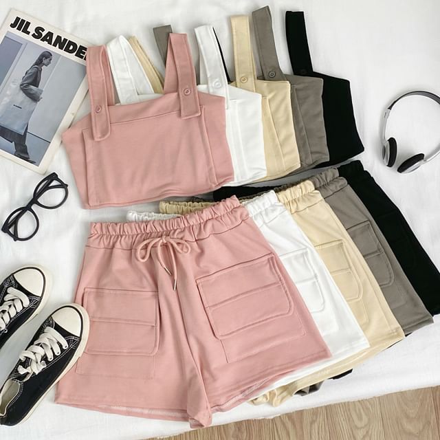 Iasia-Set Plain Panel Crop Cami Top Drawstring Waist Cargo Shorts