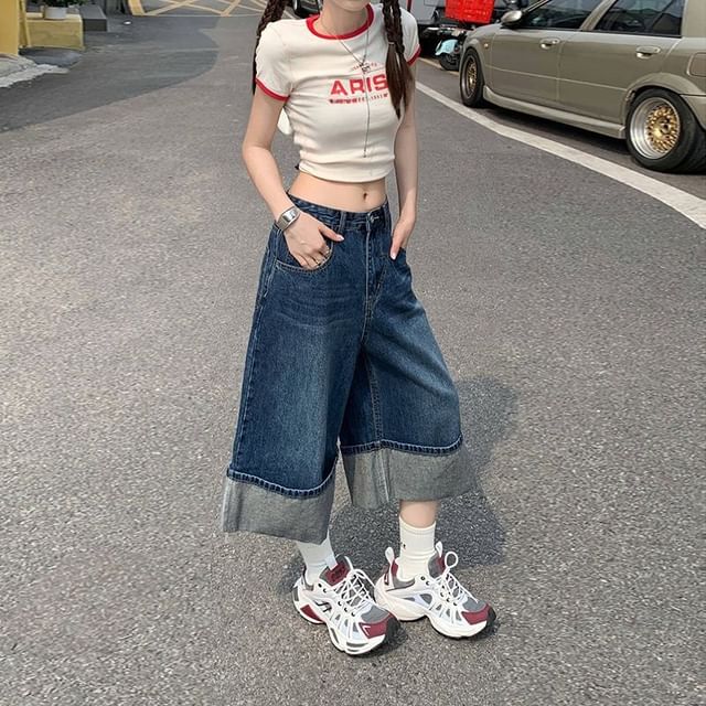 Denimot-High Waist Washed Wide Leg Jorts