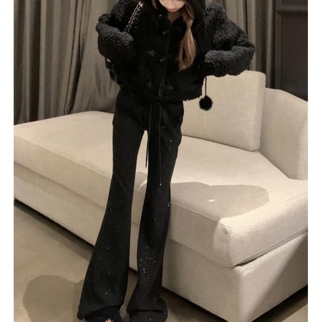 Trendycas-Plain Hooded Faux Shearling Single-Breasted Jacket High Waist Sequin Flared Pants