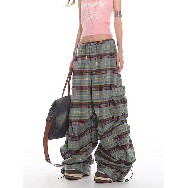 AXEN-Low Rise Plaid Drawstring Wide Leg Cargo Pants