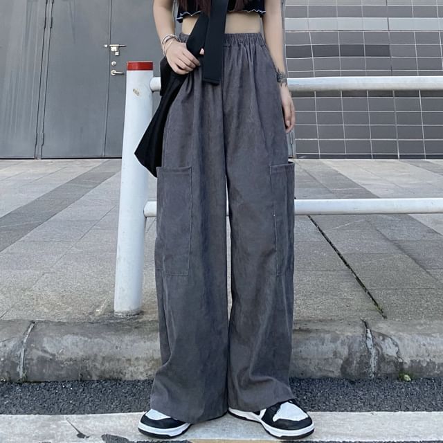 Sisyphi-High Rise Plain Wide Leg Cargo Pants