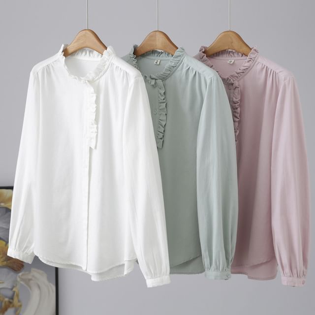 Suzette-Long-Sleeve Mock Neck Ruffle Trim Plain Button Blouse