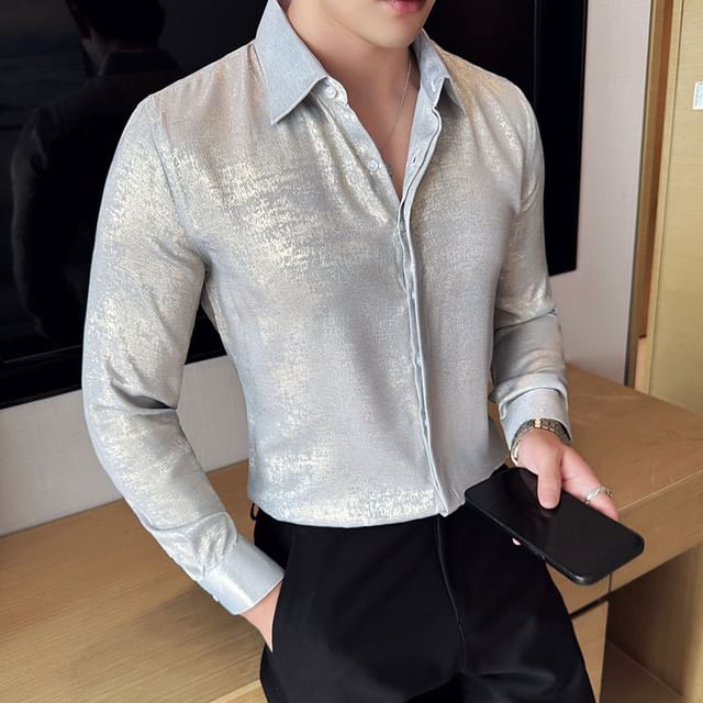 Lefitt-Long Sleeve Collared Metallic Shirt