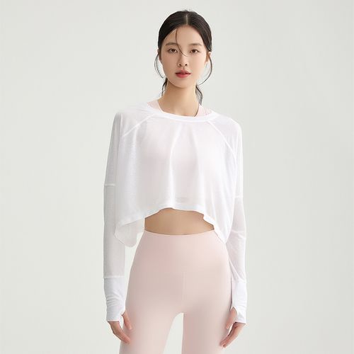 Long-Sleeve Crew Neck Plain Asymmetrical Cropped Sports T-Shirt